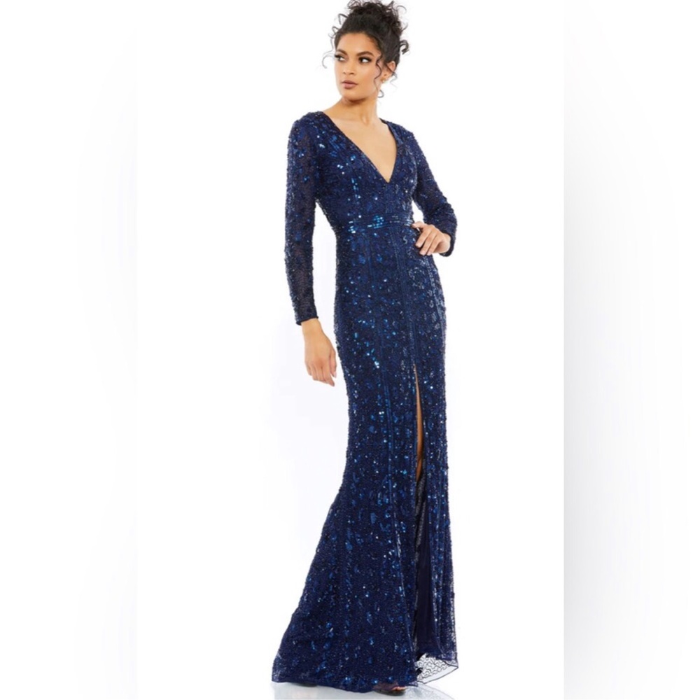 Mac Duggal Embellished Front Slit Long Sleeves Gown